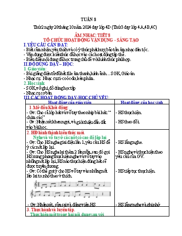 Kế hoạch bài dạy Âm nhạc Lớp 4 (Kết nối tri thức) - Tuần 8 - Tiết 8: Tổ chức hoạt động vận dụng sáng tạo - Năm học 2024-2025 - Trần Thị Quế Hương
