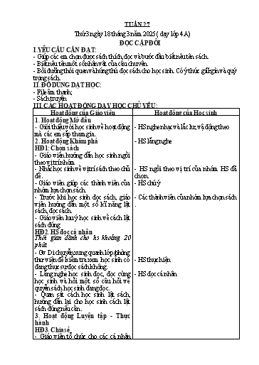 Kế hoạch bài dạy Đọc thư viện Lớp 4 - Tuần 27: Đọc Cặp Đôi - Năm học 2024-2025 - Trần Thị Quế Hương