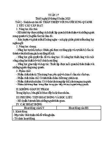 Kế hoạch bài dạy Hoạt động trải nghiệm Lớp 5 (Kết nối tri thức) - Tuần 27: Sinh hoạt chủ đề Thân thiện với người xung quanh - Năm học 2024-2025 - Trần Thị Quế Hương